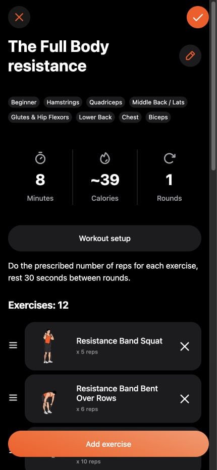 Workout builder with adjustable exercises, rounds, and rest