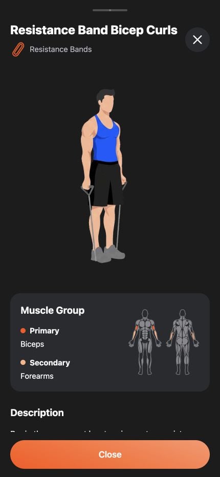 Band’s Resistance Band Bicep Curls screen, with a movement demonstration and a muscle map highlighting biceps and forearms